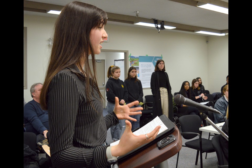 Howe Sound Student Trina Fearon, pictured here, was one of several speakers from local schools who urged council to ban single-use plastics in town.
