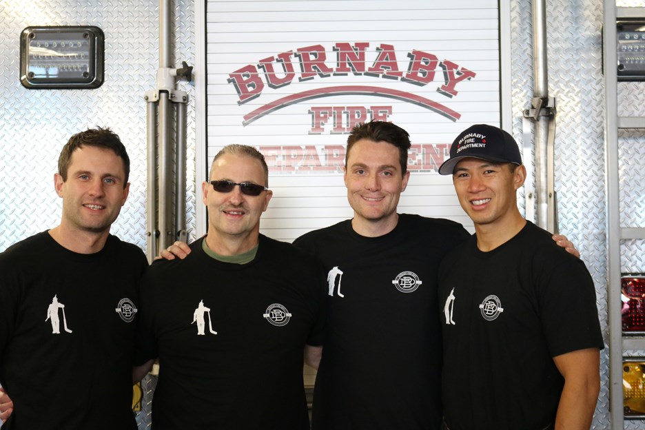 Burnaby firefighters (from left to right) Dylan McIntosh, Ken Kinney, John Clune and Noel Nacauili. Kinney died in the line of duty. PHOTO SUBMITTED