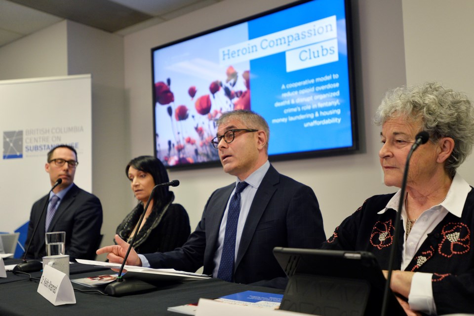 Dr. Evan Wood of the BC Centre on Substance Use, harm reduction activist Erica Thomson, Dr. Keith Ahamad of 鶹ýӳCoastal Health and Leslie McBain, who lost her son to overdose, advocated Thursday for “heroin compassion clubs” to open in Vancouver. Photo Jennifer Gauthier