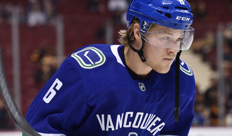 Brock Boeser skates in warm up for the Vancouver Canucks