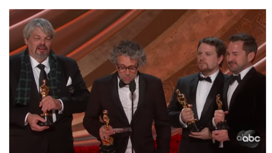 Left to right: Best Visual Effects Oscar winners Ian Hunter, Paul Lambert, Tristan Myles, J.D Schwal