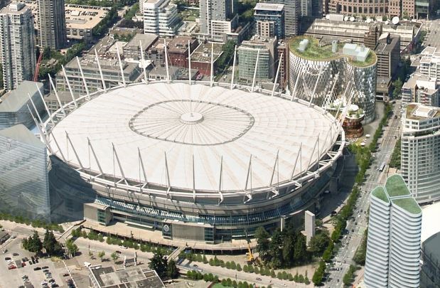 Bird's eye view of the proposed building looking northwest at downtown Vancouver.