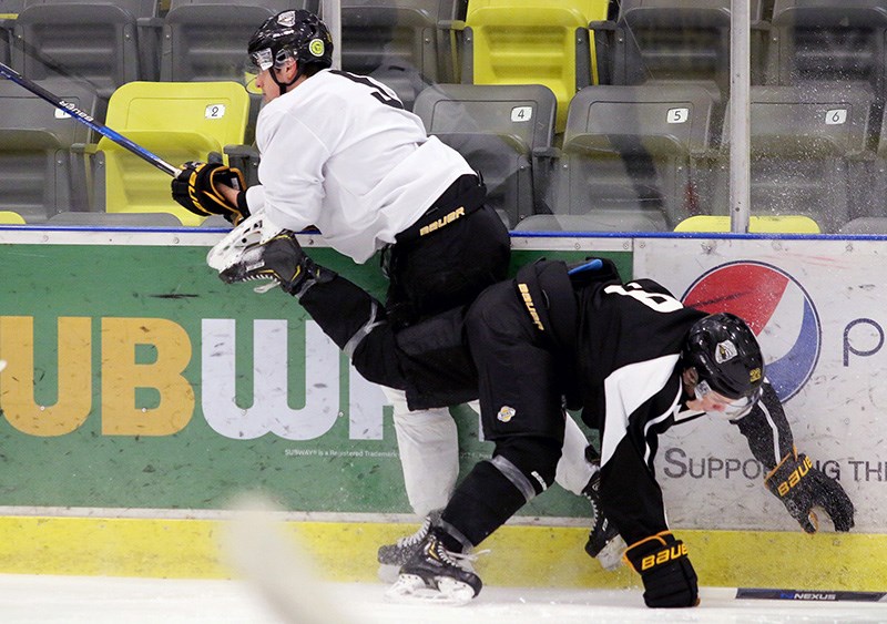 MARIO BARTEL/THE TRI-CITY NEWS The Coquitlam Express prepare for their first-round BC Hockey League playoff series against the Prince George Spruce Kings that begins on Friday in Prince George.