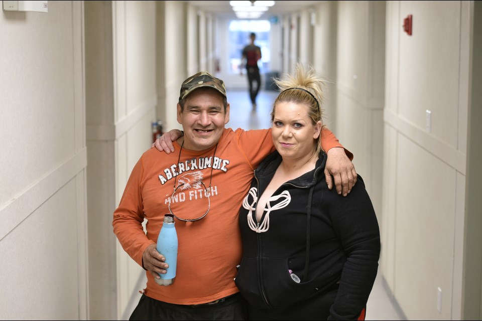 Mitchell Lagimodiere and Kelli Lubbers are tenants at the Sarah Ross House modular housing building on Kaslo Street. Photo Dan Toulgoet