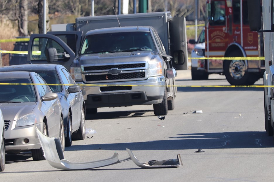 A police vehicle that carries police dogs was damaged Monday in a hit-and-run incident. SHANE MACKICHAN PHOTO