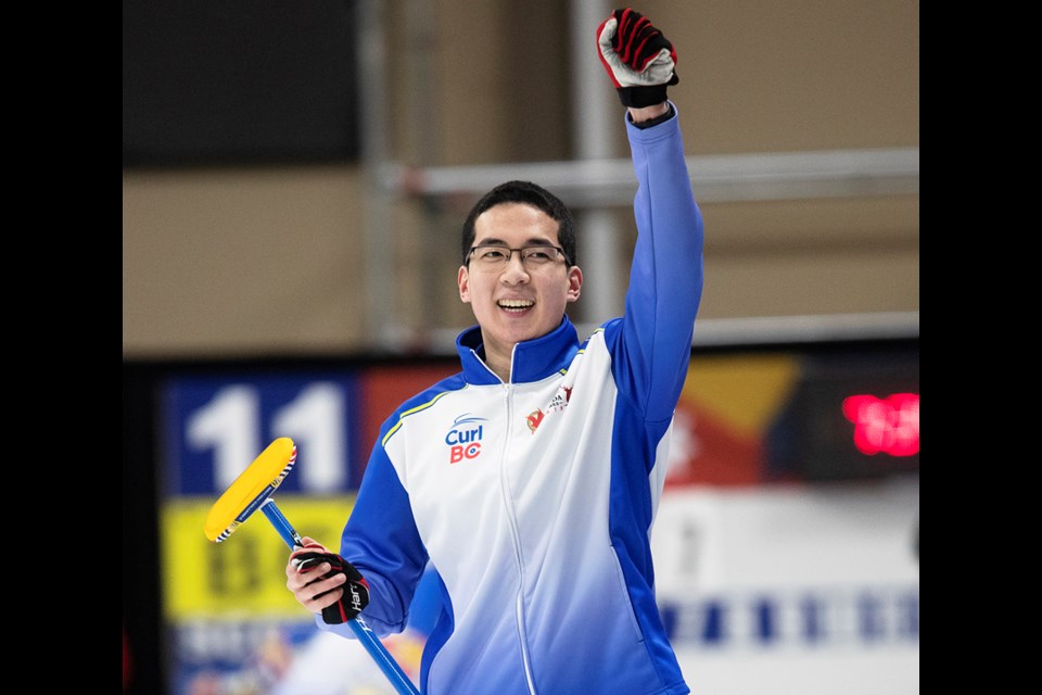 Burnaby's Troy Chong, the lead with the Royal City Curling Club's Team Sato, celebrates the victory in the final at last week's Canada Winter Games in Red Deer, Alta.