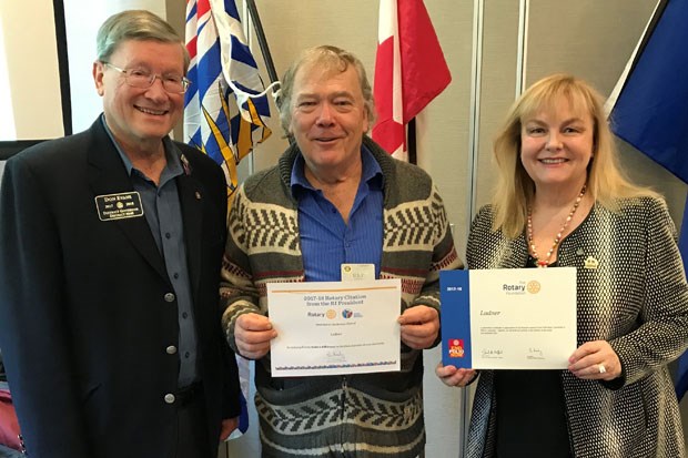 Rotary Past District 5040 Governor 2017-18 Don Evans, left, presents the international Rotary Citation to Rotary Club of Ladner Past President 2017-18, Ulf Ottho, and the international Rotary Foundation recognition certificate for the club’s generous support of the End Polio Now campaign, to current President Kerry-Lynne Findlay