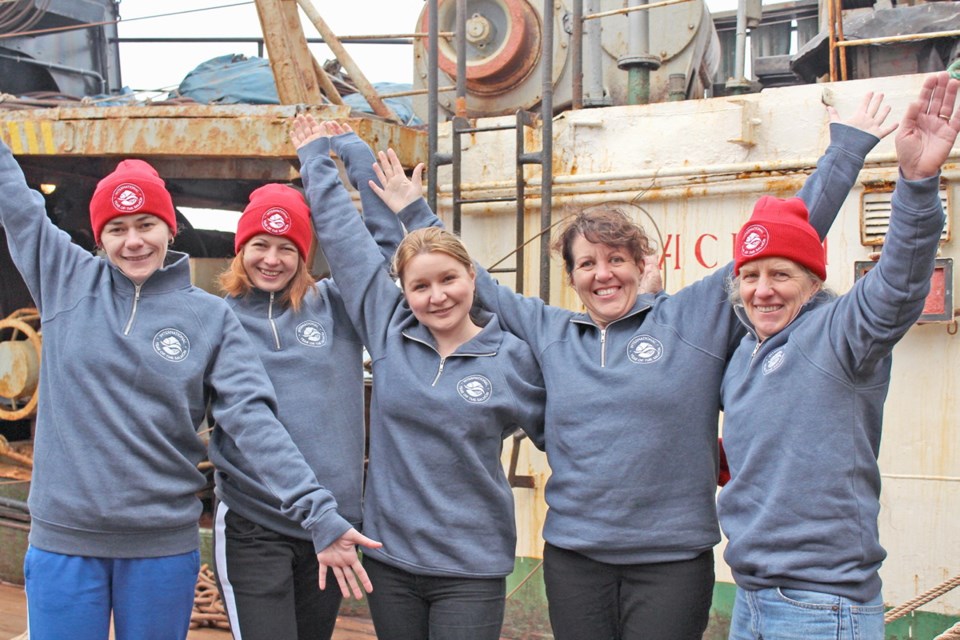 The five female scientists on board the research vessel Professor Kaganovsky, from left: Albina Kazneparova, of Russia, Anna Vazhova, of Russia, Svetlana Esenkulova, of Vancouver, Chrys Neville of Nanaimo, and Laurie Weitkamp, of the U.S.