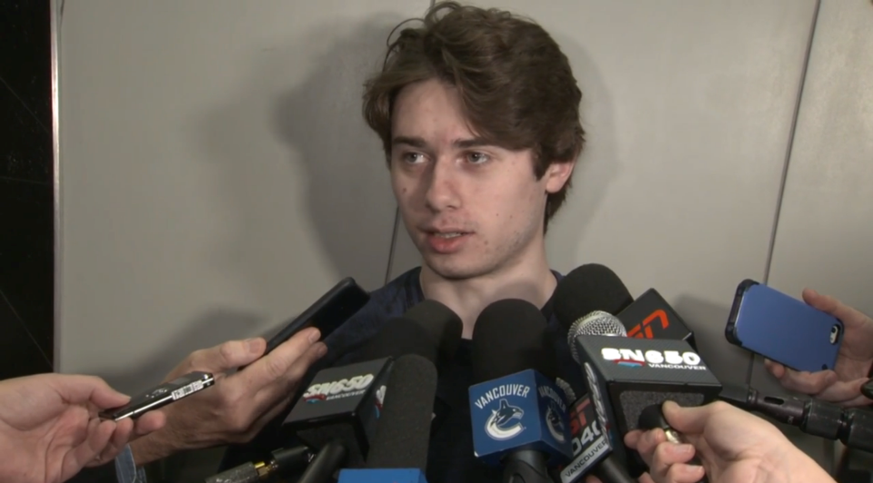 Quinn Hughes talks to the media for the first time after signing with the Vancouver Canucks.