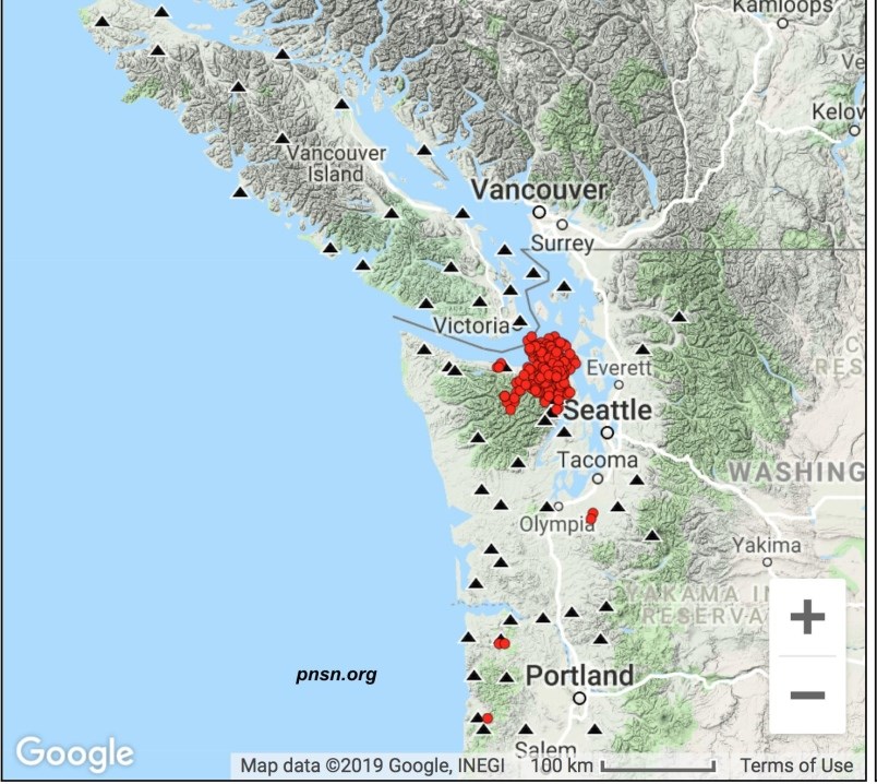 Several hundred tiny tremors, marked by the red circles, were recorded between Victoria and Seattle