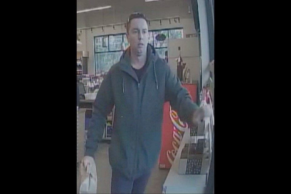 This image, taken from surveillance video, shows Joshua Bennett leaving the Cascadia Liquor store at 977 Langford Parkway in Langford on March 9, 2019.