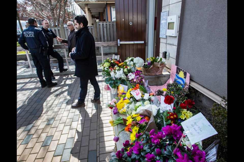Supporters laid flowers at the entrance of the Masjid Al-Iman on Quadra Street on Friday, March 15, 2019, after 49 people were killed attacks at two mosques in New Zealand.