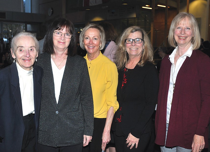 The world champion curling team of coach Rae Moir (left), skip Linda Moore, third Lindsay Sparkes, second Debbie Jones and lead Laurie Carney reunited at last night's ceremony. photo Paul McGrath, North Shore News