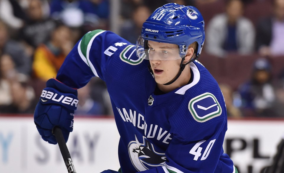 Elias Pettersson keeps an eye on the puck for the Vancouver Canucks