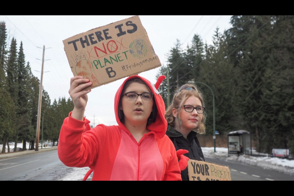 Students Megan Sweder and Rhema Plunkett protest along Como Lake Avenue as part of the #climatestrike movement