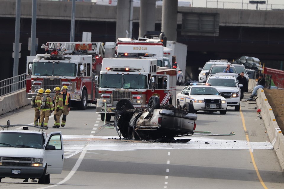 A dramatic crash on Lougheed Hwy sent two people to hospital with minor injuries Friday