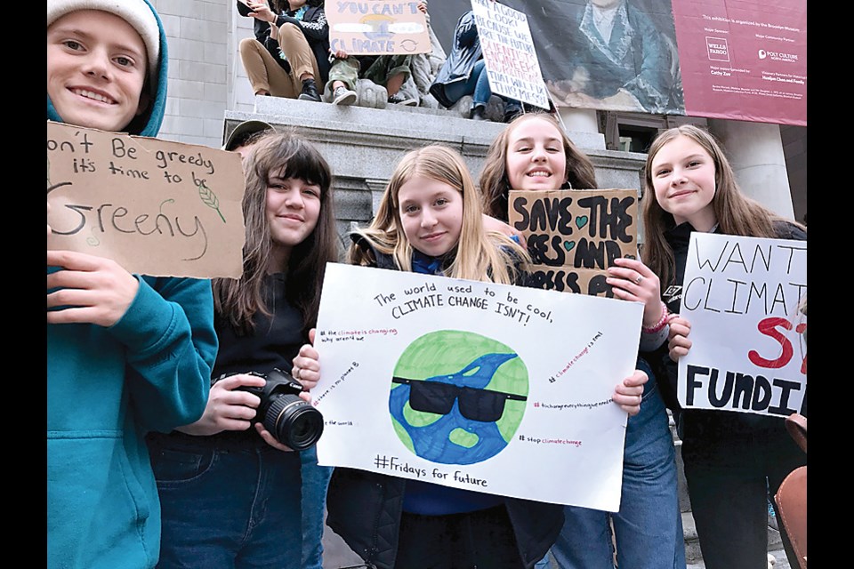 Students gather at Vancouver Art Gallery plaza in March to protest climate change.