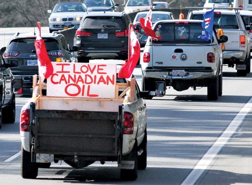 Pro-pipeline supporters make their way across the North Shore on the Upper Levels Hwy. photo Paul Mc