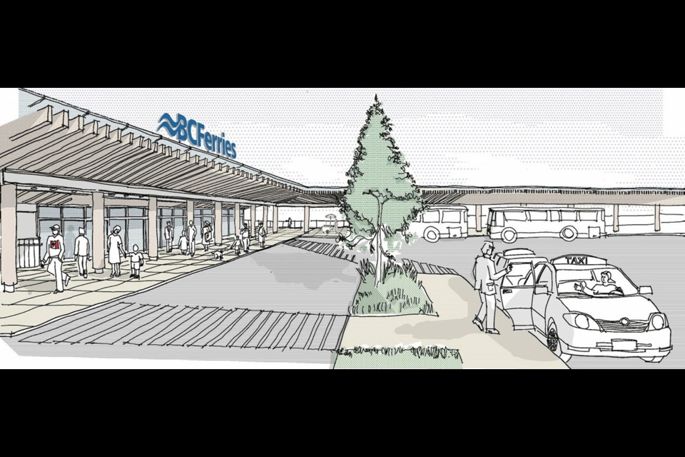 Artist's rendering of proposed changes at the Swartz Bay ferry terminal include an expanded foot-passenger waiting area, a waterfront park and improved circulation for the pickup and drop-off areas.