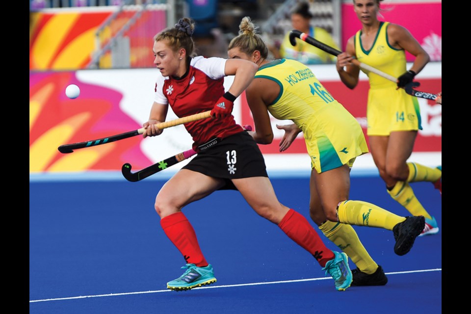 North Vancouver field hockey star Hannah Haughn shows off her stickwork during the 2018 Commonwealth Games. The women’s national team, including five players from the North Shore, is fighting to make the Olympics for the first time since 1992. photo supplied Yan Huckendubler/Field Hockey Canada