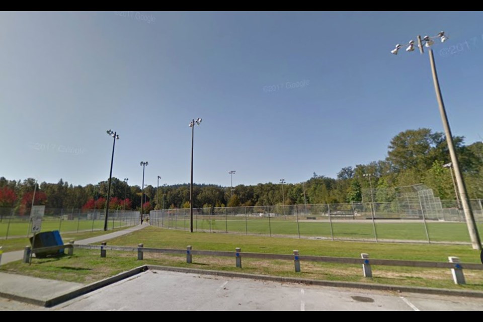 The pathway that cuts between these two diamonds at Gates Park in Port Coquitlam has city council contemplating ways to prevent pedestrians from being hit.