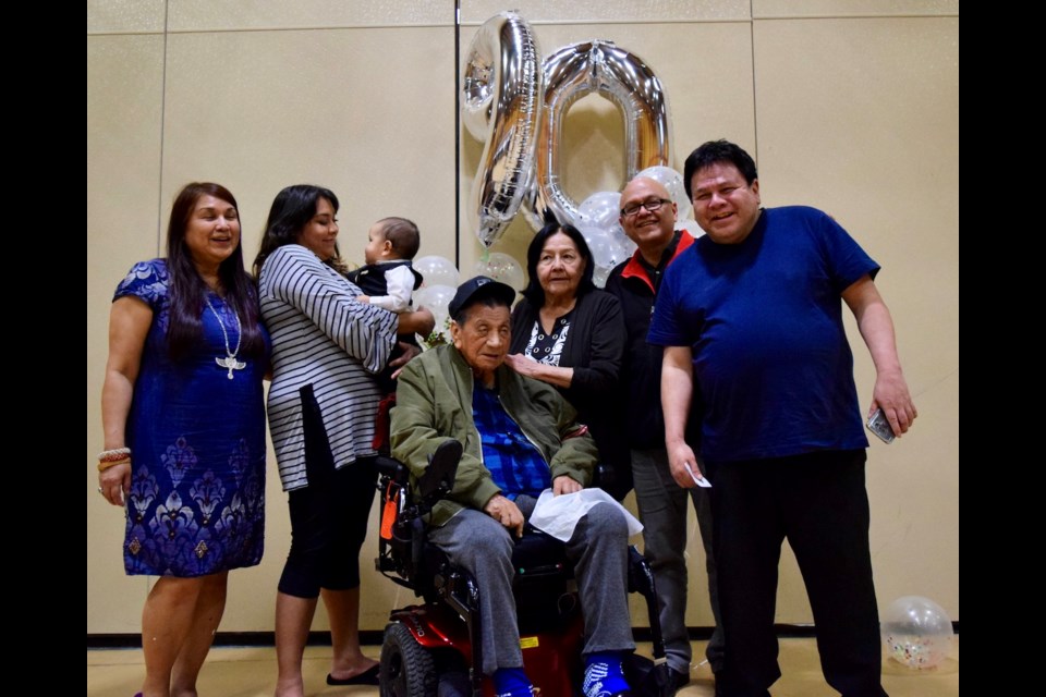 Five generations celebrate Alex Williams' 90th birthday. Right to left: Pam Leech, Crystal Leech, Legend Justice Thunderbear Leech (baby), Alex Williams, Violet Leech, Andrew Leach and Donald Leech.