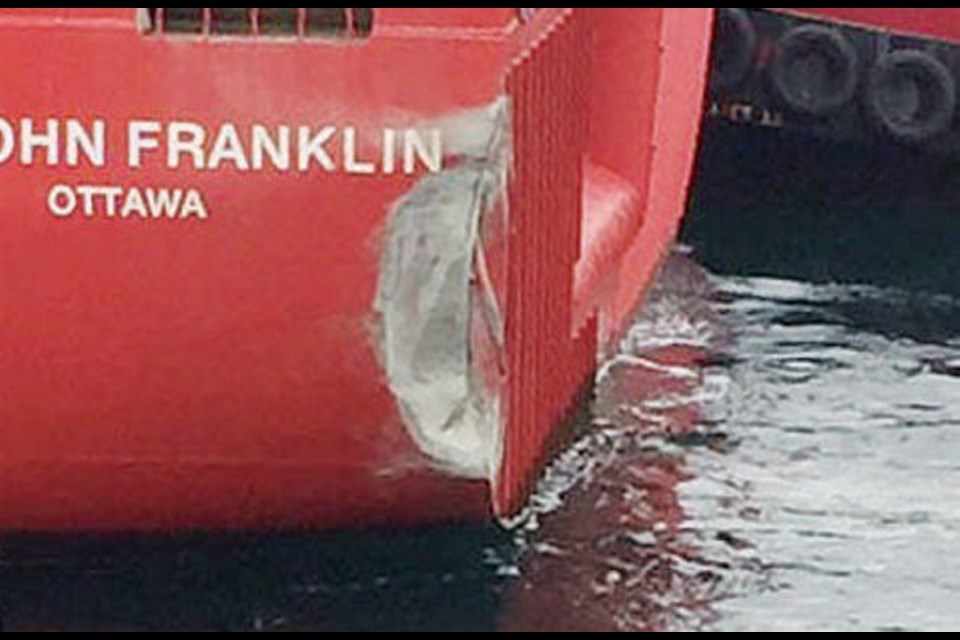 The Sir John Franklin, built for the Canadian Coast Guard, suffered a dent when it hit the Ogden Point breakwater. March 22, 2019