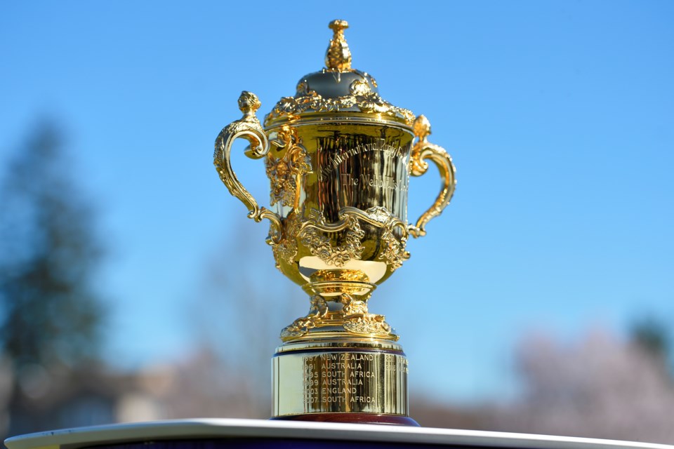 The Rugby World Cup trophy was at Vancouver's Hillcrest Park Wednesday, March 27. Photo Jennifer Gauthier
