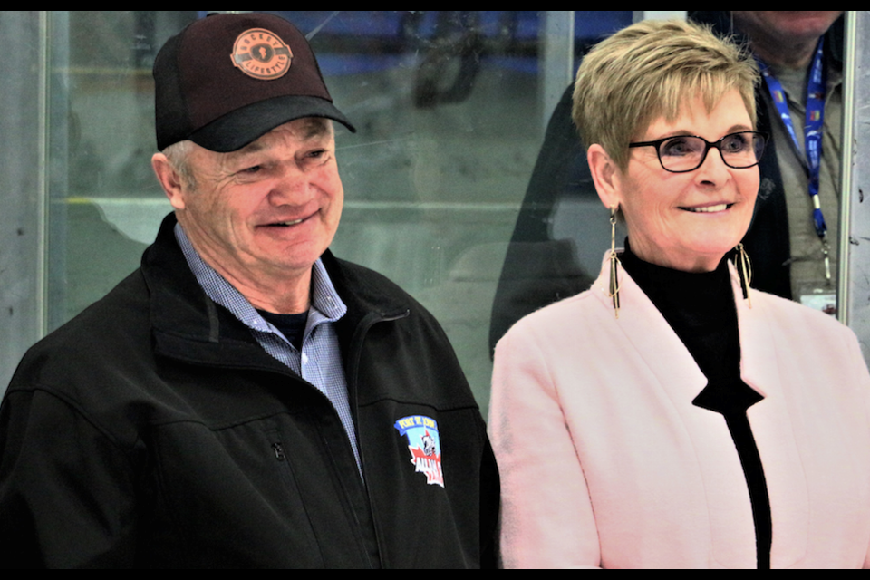 Robbie Alexander and wife Donna take in the speeches and ceremony honouring Alexander's long tenure with the Flyers.