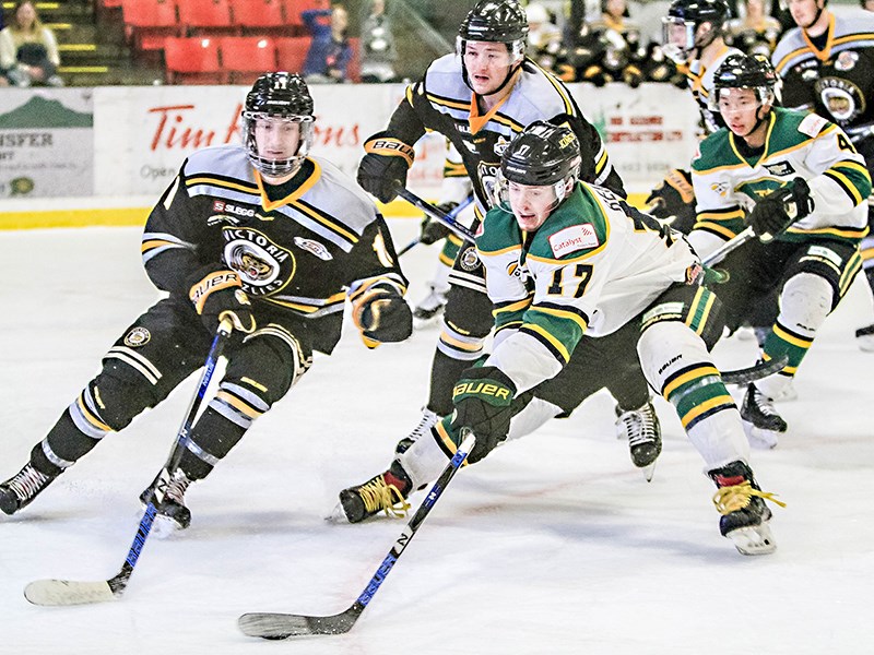 Powell River Kings defender Jayden Lee and captain Ben Berard