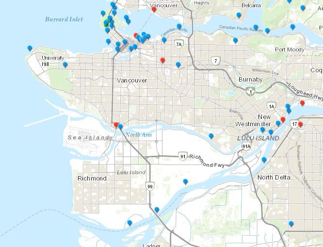 Screenshot of the unidentified human remains cases in Richmond. Blue dots indicate male remains, red indicates female, while green indicates unknown. Image: BC Coroners Service