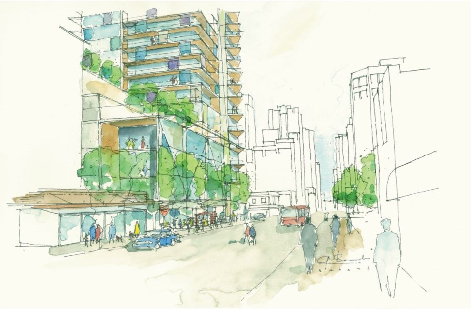 Detail concept view from Davie Street looking east towards corner plaza. Sketch Merrick Architecture