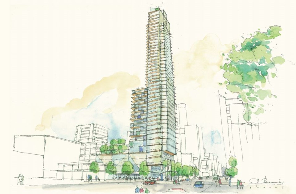 Concept view from Burrard Street looking north. Sketch Merrick Architecture