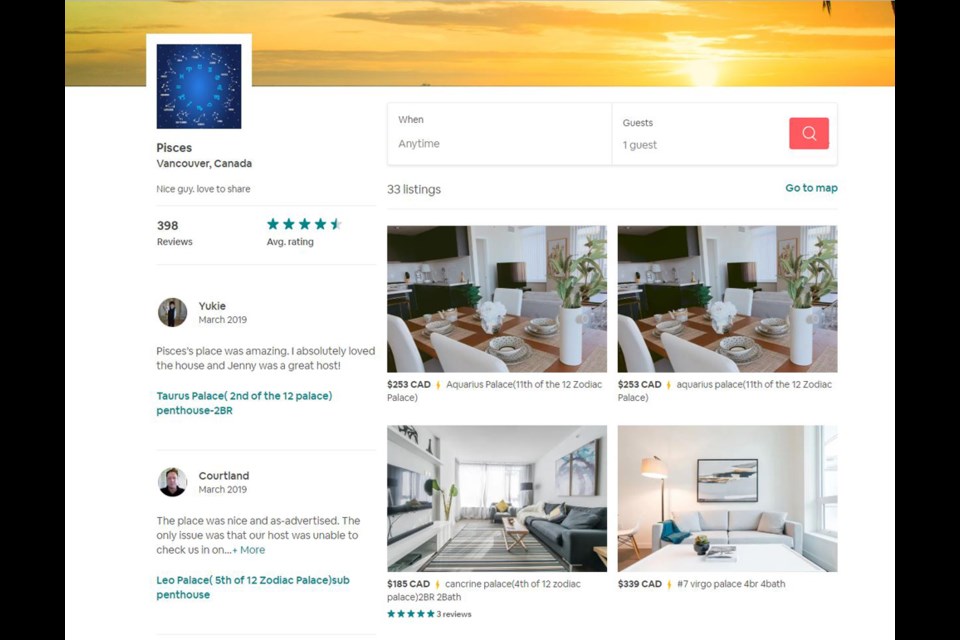 An Airbnb user called Pisces has 26 listings in Richmond and seven listings in Vancouver and Burnaby. Photo: Airbnb screenshot