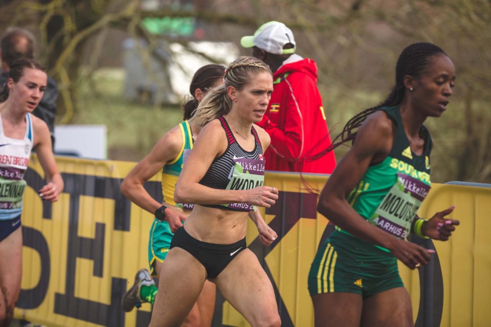 North Vancouver resident Natasha Wodak powers through a challenging course at the 2019 cross-country running world championships held Saturday in Denmark. photo supplied Athletics Canada