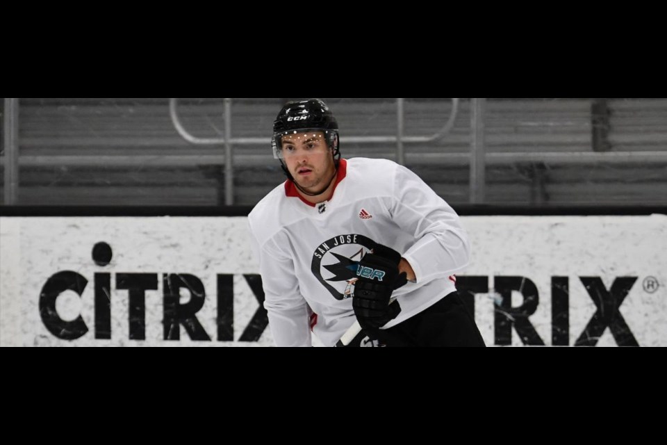 Burnaby's Marcus Vela, shown above while participating in a San Jose Sharks' prospect camp last year, inked a deal last week with the Sharks' top farm team the San Jose Barracuda upon the conclusion of his college hockey season.