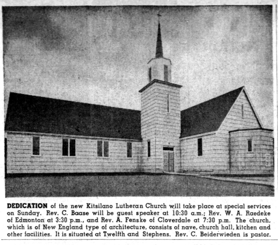 Kitsilano Lutheran Church is it appeared the Âé¶ą´«Ă˝Ół»Sun before its dedication in the late 1940s.