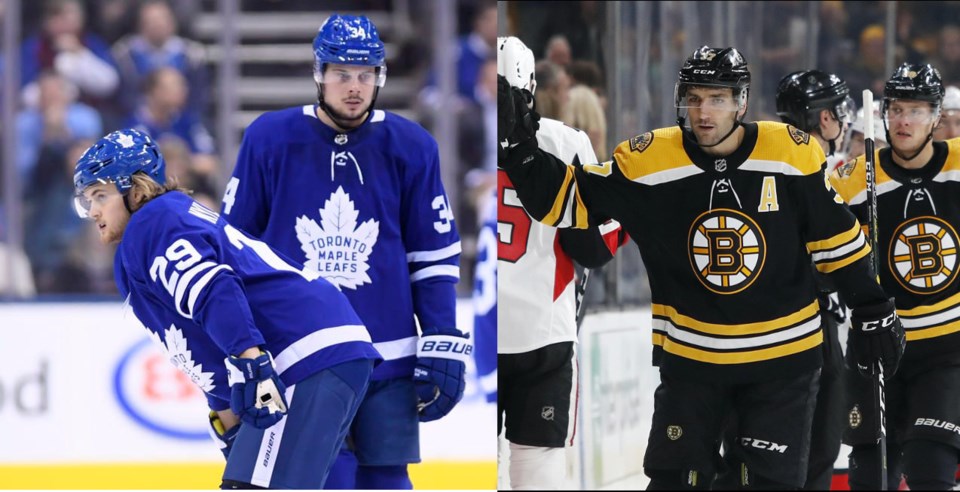 William Nylander and Auston Matthews of the Leafs vs Patrice Bergeron of the Bruins.