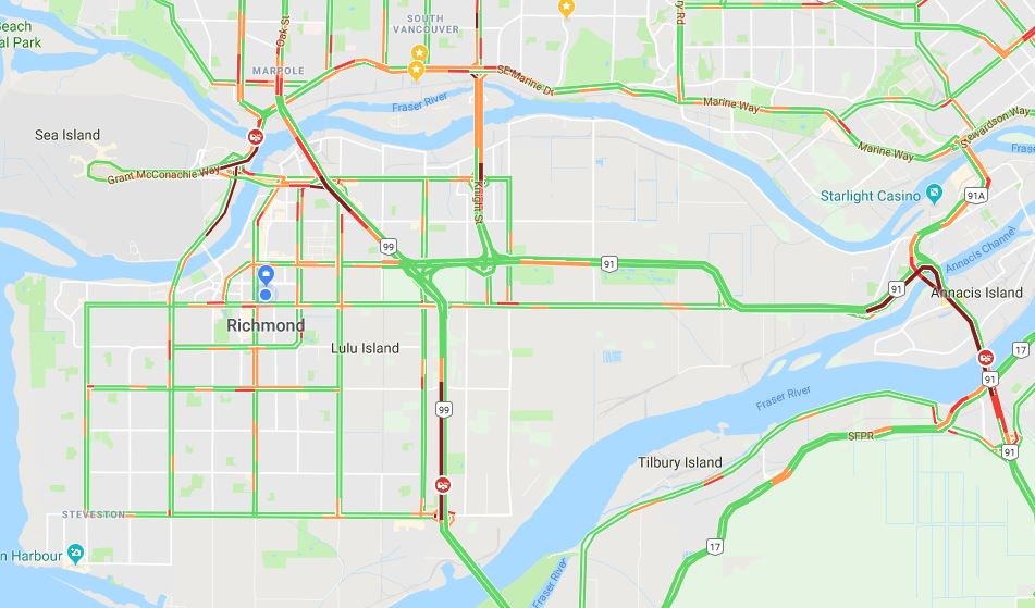 Traffic was snarled in various places across Richmond Wednesday afternoon. Image: Google Maps