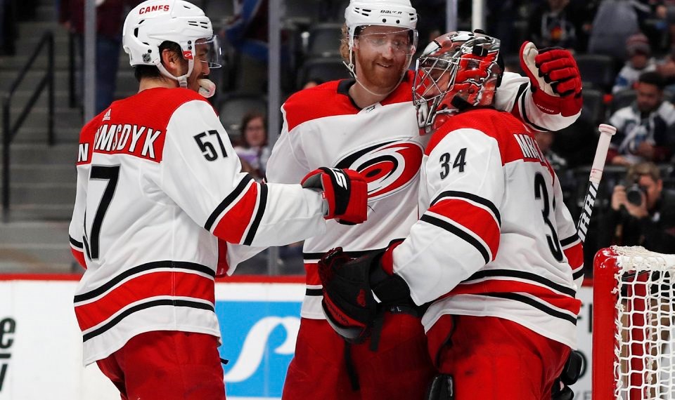 The Carolina Hurricanes celebrate a win.