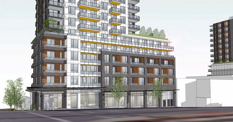 Corner of East Hastings and Boundary Road, street level view. Rendering BHA Architecture