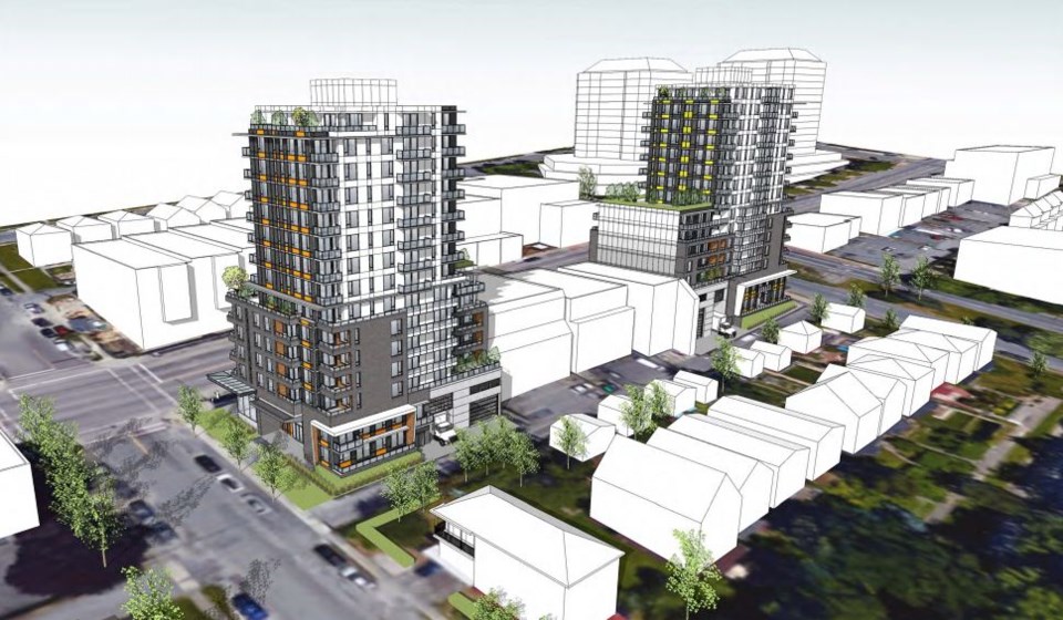 Southwest aerial view of building proposed for 3600 East Hastings at Kootenay Street. Rendering BHA