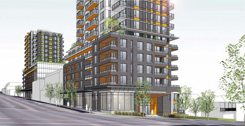 View of building proposed for 3600 East Hastings Street at Kootenay. Rendering BHA Architecture