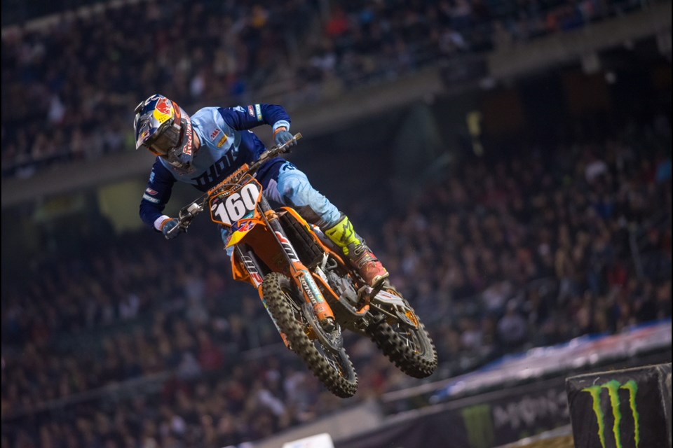 Stadium crowds in the U.S. are getting to know the name Jess Pettis. The 21-year-old Prince George rider, shown in action during a race in the Monster Energy AMA Supercross series Jan. 19 in Anaheim, Calif., posted top-12 finishes in all five of his races this winter.