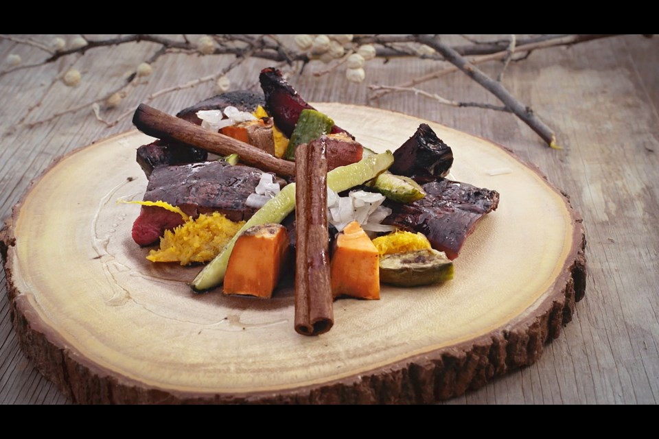 Edmonton chef Shane Shartrand prepared this meal, which consists of bison heart wrapped in poplar branches, during the filming of a Red Chef Revival episode centred on the Blood First Nation Reserve in southern Alberta.