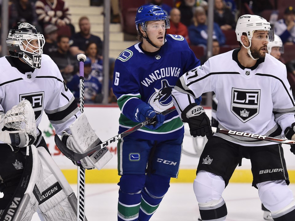 Brock Boeser of the Vancouver Canucks sets up in front of the Los Angeles Kings' net.