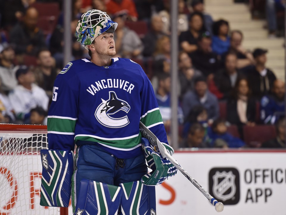 Thatcher Demko in net for the Vancouver Canucks.
