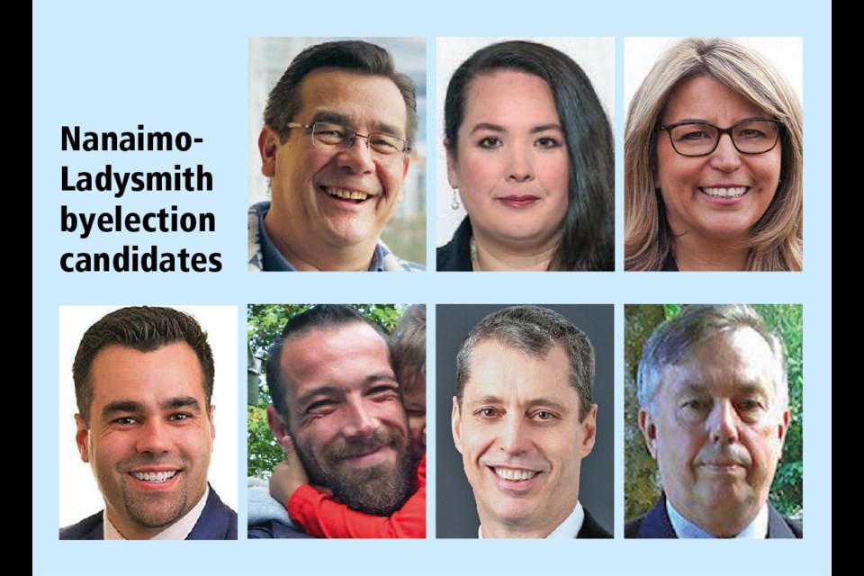 Top row, left to right: Bob Chamberlin, New Democratic Party; Jennifer Clark, People’s Party of Canada; Michelle Corfield, Liberal Party of Canada. Bottom row, left to right: John Hirst, Conservative Party of Canada; Jakob Letkemann, National Citizens Alliance of Canada; Paul Manly, Green Party of Canada, Brian Marlatt, Progressive Canadian Party.