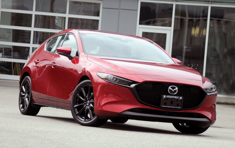 The Mazda3 hatchback is a stylish car, featuring exterior and interior designs that compare favourably to much more expensive luxury offerings. The blind spots aren’t great, but the peppy drive is. It is available at Morrey Mazda in the Northshore Auto Mall. photo Mike Wakefield, North Shore News