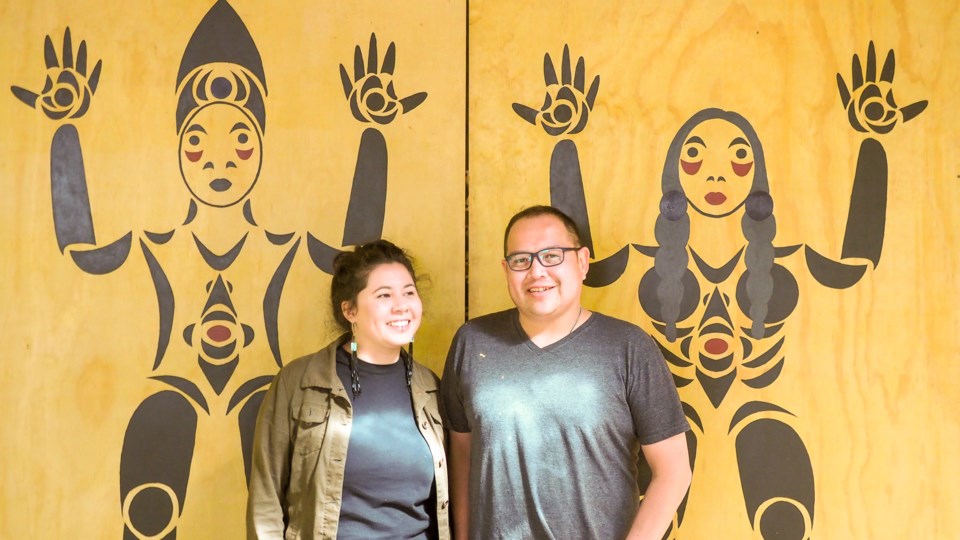 Noons Creek Hatchery Indigenous artist-in-residence Ocean Hyland and Kwantlen artist Brandon Gabriel